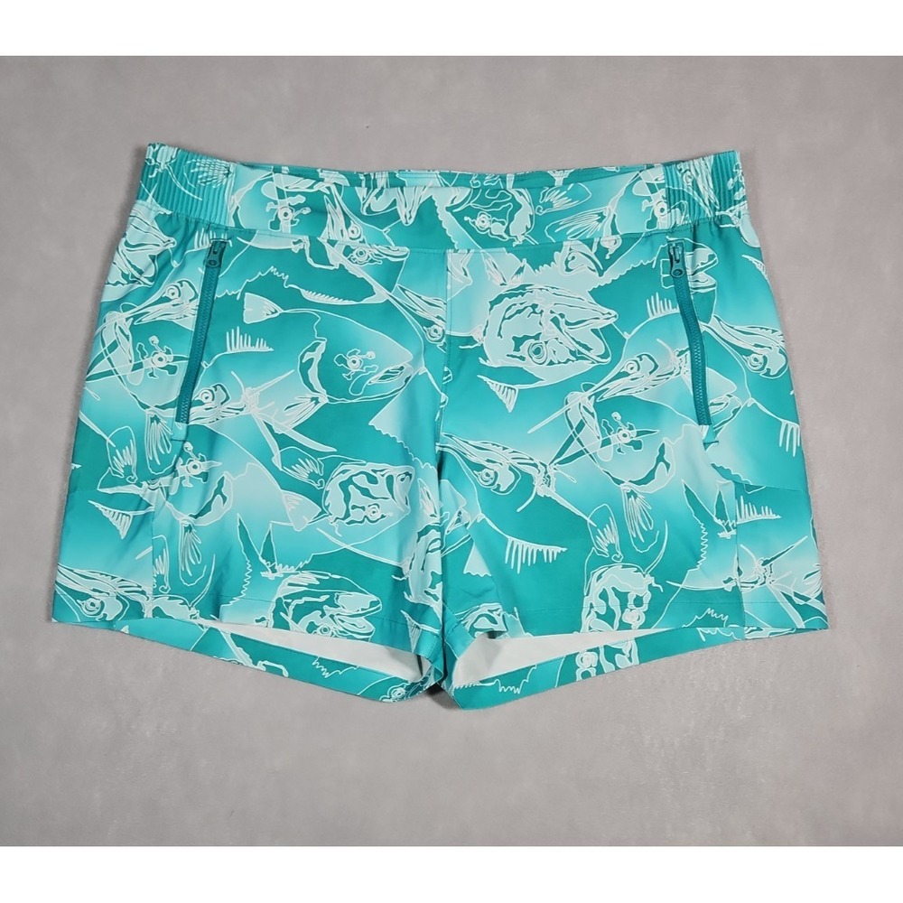 Columbia PFG Womens Teal Fish Print‎ High Rise 5" Shorts Size XL
